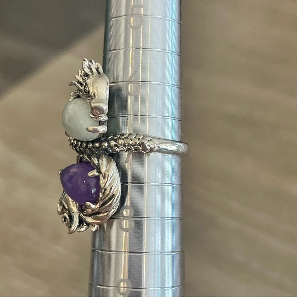 Sterling Joy Dragon Phoenix Jade of Yesteryear Jade Purple Stone Ring Size 7